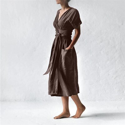 Cotton And Linen Special Sashes Design Dresses Women Casual