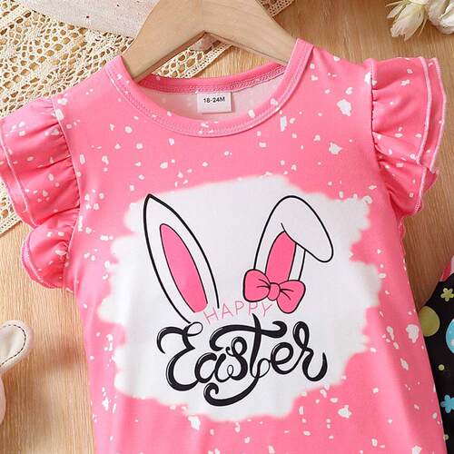 Girls Suit Summer Alphabet Bunny Pullover Easter Egg Flared