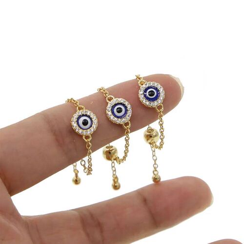 Round disco bluel enamel turkish evil eye charm chain ring c