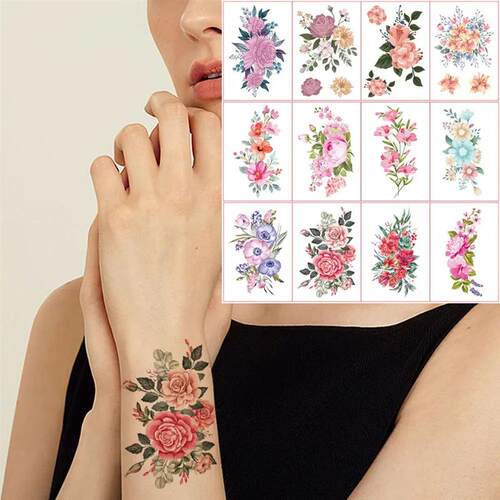 12Pcs Color Flower Tattoo Stickers for Women Hand Arm Chest