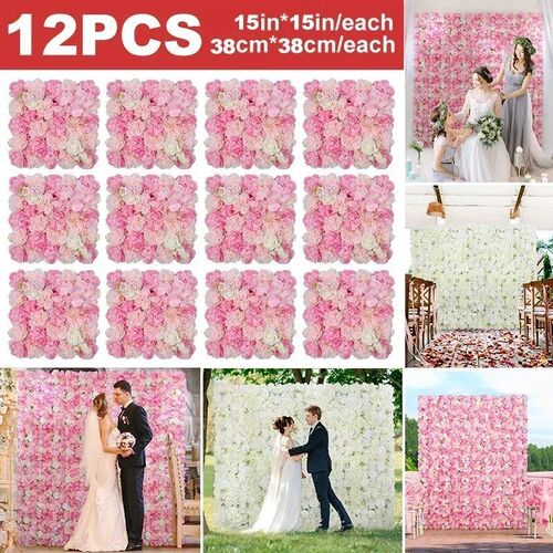 12PCS Artificial Flowers Roses Wall Panel 3D Flower Backdrop