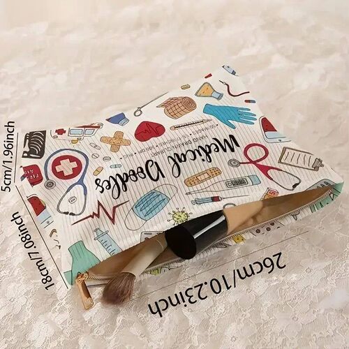 Medical Graffiti Printed Corduroy Makeup Bag, Lightweight Zi