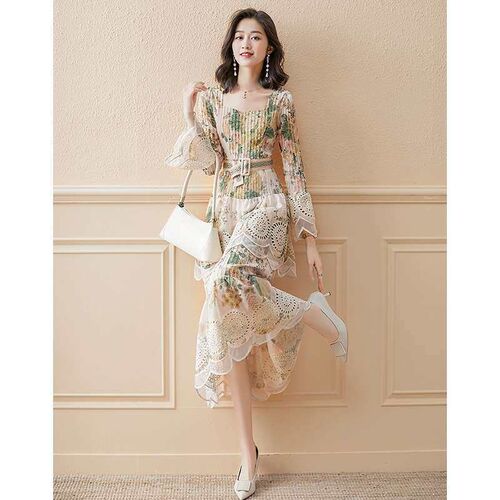 French Style Tea Break Floral Dress Spring New Womens Summe