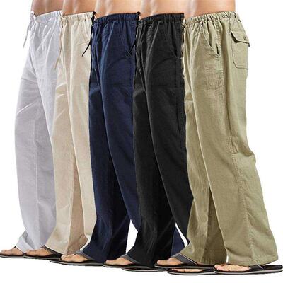 Men Pants Cotton Linen Trousers for Men Joggers Casual Solid