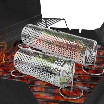 Stainless Steel BBQ Basket Cylinder Rotatable Barbecue Cage
