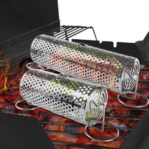 Stainless Steel BBQ Basket Cylinder Rotatable Barbecue Cage