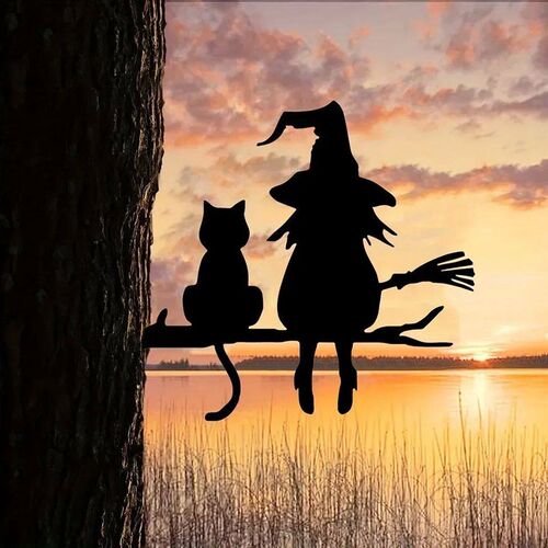 Garden Stake Iron Silhouette Cute Witch and Cat Tree Stump P