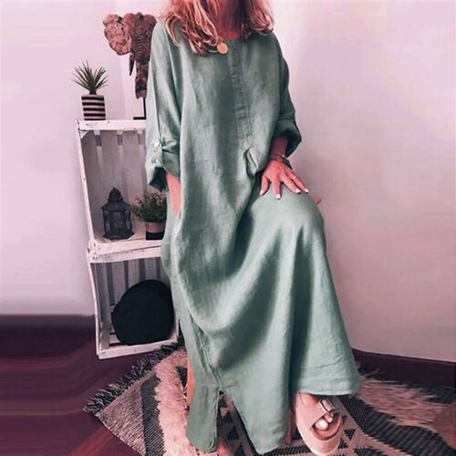 WomenS Casual Cotton And Linen Solid Color Loose Dress