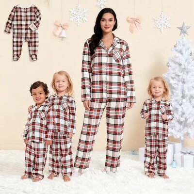 Christmas Matching Pajamas Set Plaid Print Adults Kids Turn-