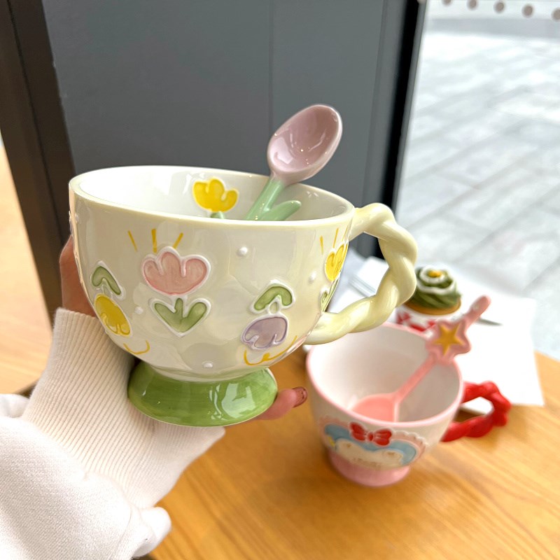 高颜值釉下彩立体浮雕燕s麦片早餐杯碗女生大容量郁金香礼物陶瓷
