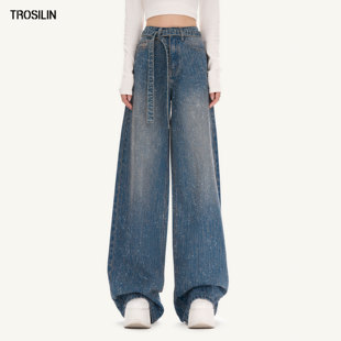 烫钻H2509PT019BL 带钻牛仔裤 TROSILIN满天星牛仔满钻裤 直筒新款