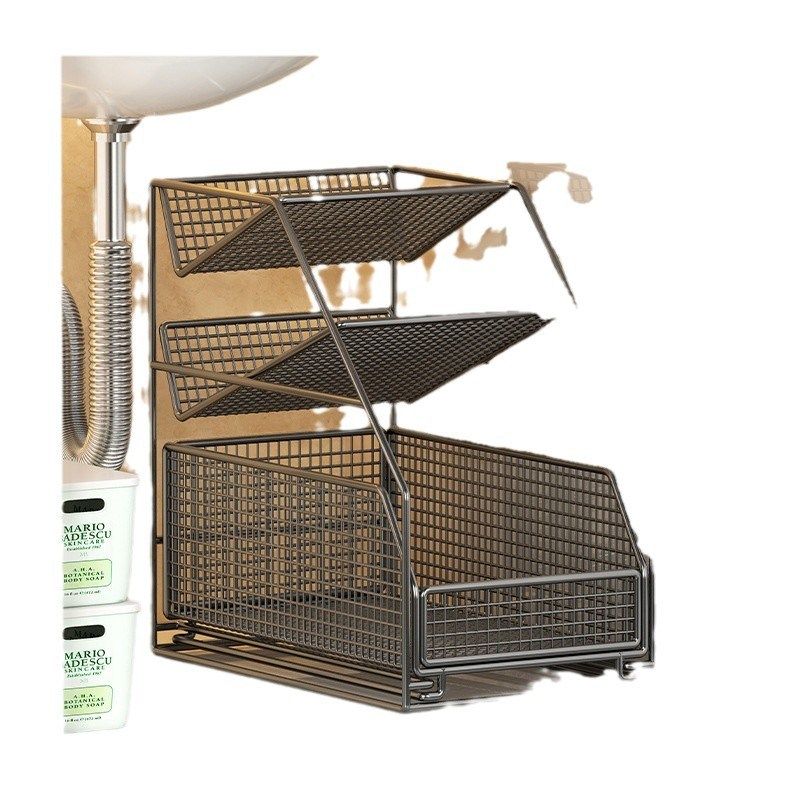 三层斜放卫生间下水槽置物架w浴室洗漱台下橱柜内分层拉篮抽拉收