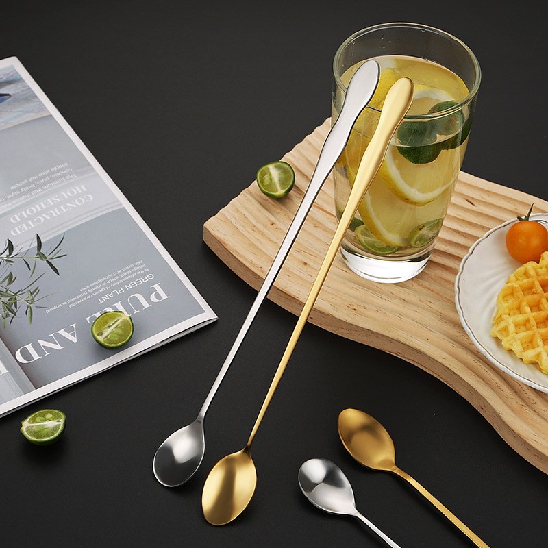 葫芦柄不锈钢勺子加长冰勺20/26/32cm金色调酒吧勺蜂蜜果汁搅拌勺
