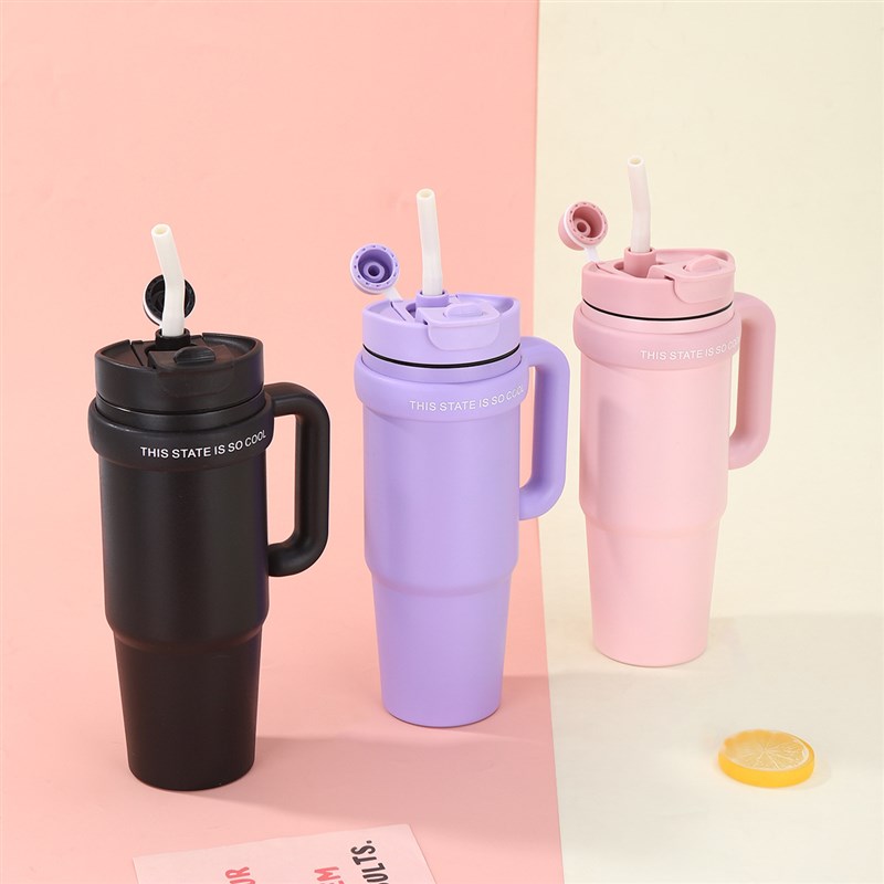 纯色巨无霸手柄汽车杯304不锈钢双层真空保温杯便携吸管冰霸杯