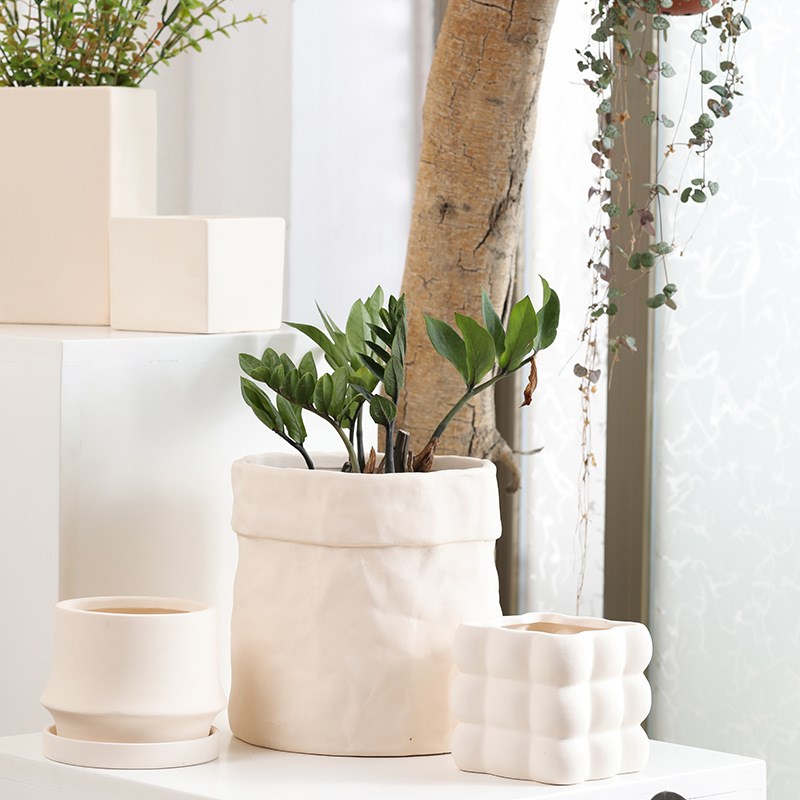 奶油风陶瓷素烧胚白陶土花盆透气吸水家用加仑绿植多肉兰花带托盘