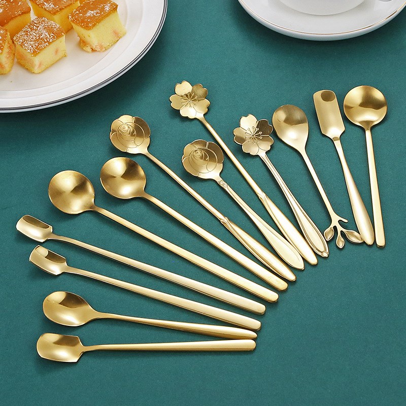不锈钢搅拌勺金色花朵勺小圆勺方头咖啡小勺子甜品勺创意赠礼品勺