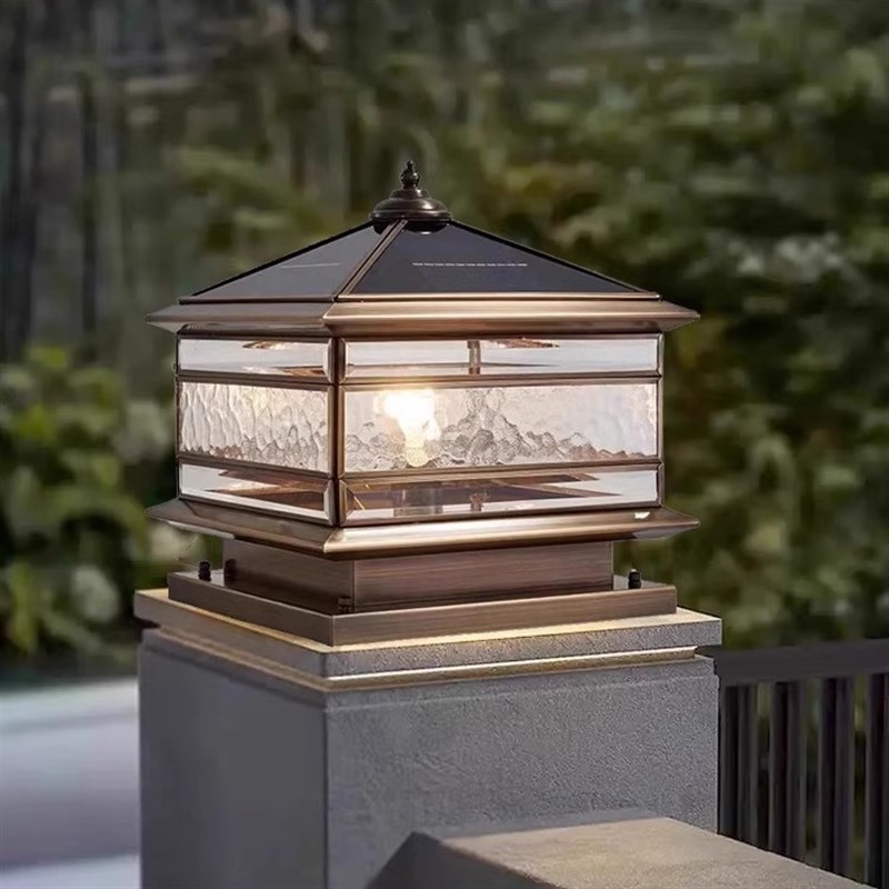 中式全铜太阳能柱头灯庭院灯户外防水别墅花P园柱子灯围栏围墙灯