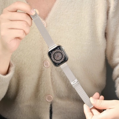 适用苹果applewatchs9米兰尼斯卡扣不锈钢细款iwatchs10/8/7表带运动SE手表金属扣米兰钢带夏季透气高级