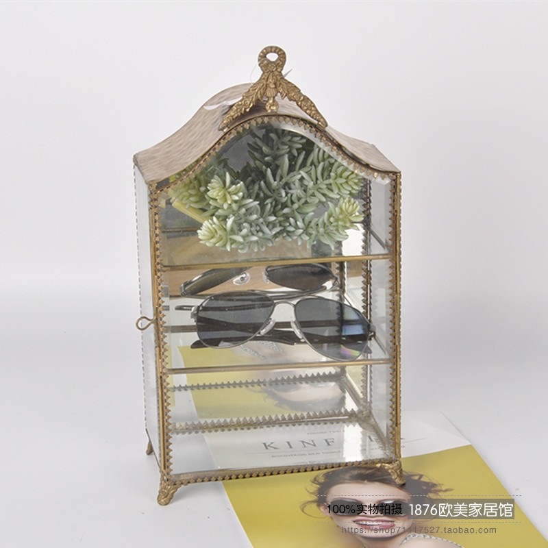 印度进口手工复古铜边镜面首y饰展示柜玻璃小型饰品收纳桌面摆件