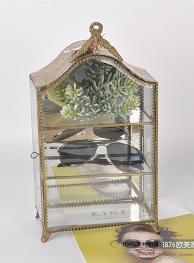 印度进口手工复古铜边镜面首y饰展示柜玻璃小型饰品收纳桌面摆件