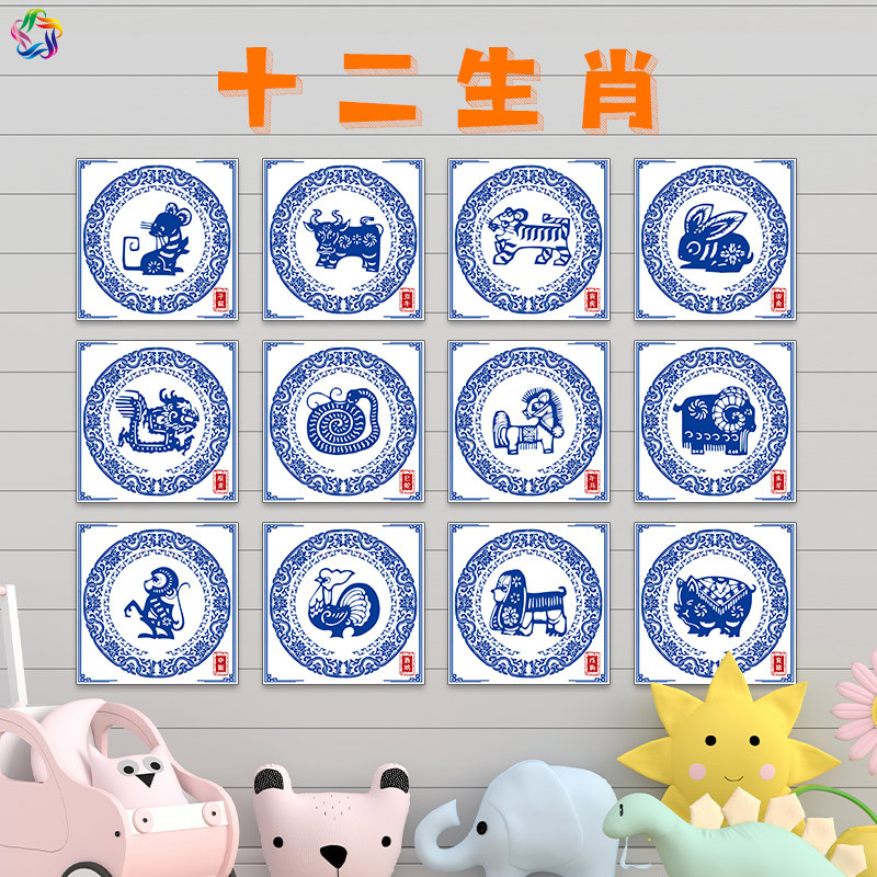 幼儿园12生肖环创主题墙面装饰教室布置活动P区角青花瓷中国风贴