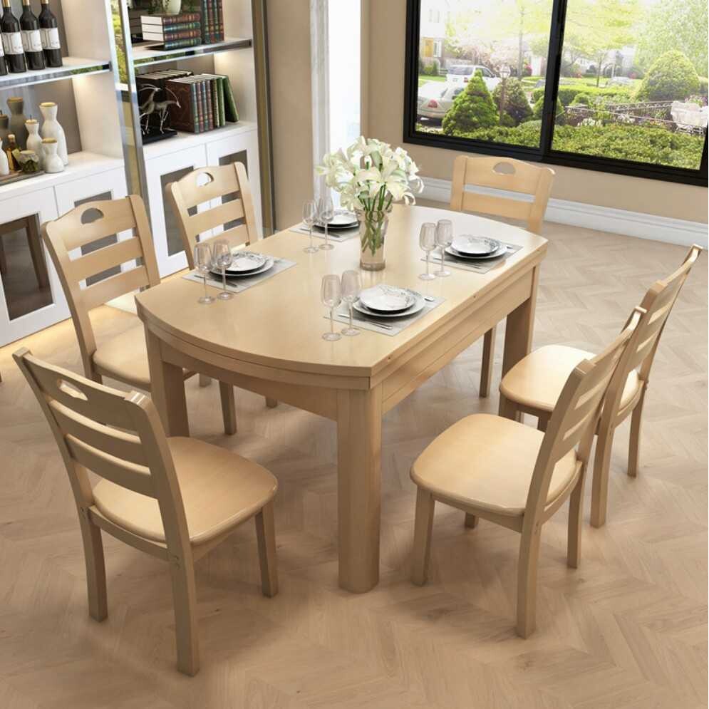 实木餐桌椅组合伸缩折叠现代简约家用小户型圆形吃饭桌子可变圆桌