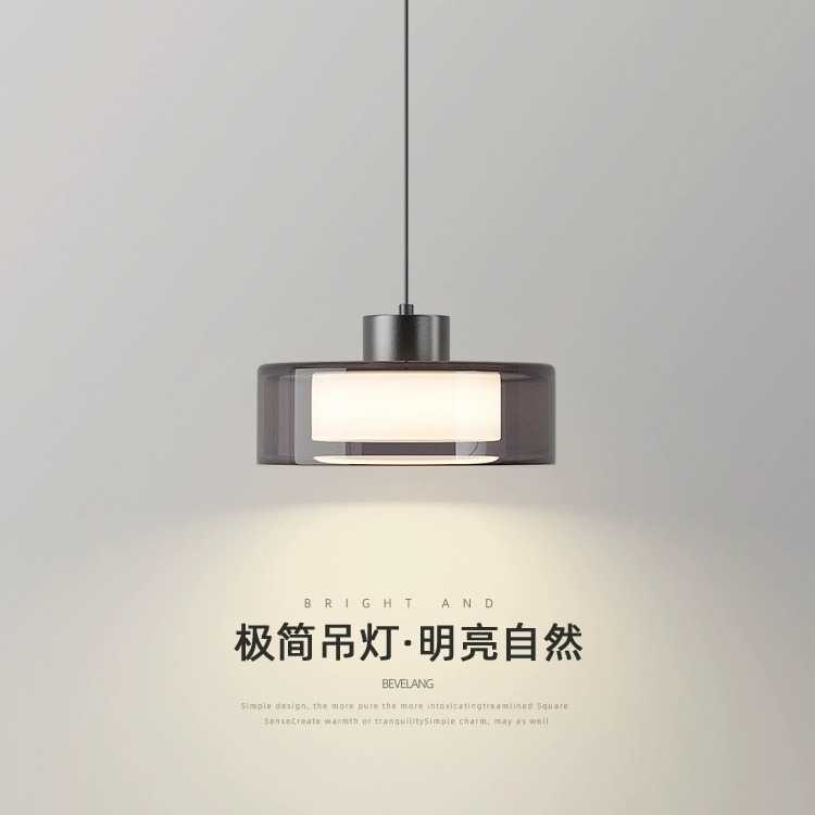 意式全铜卧室床头吊灯北欧轻奢烟灰玻璃灯罩极简咖啡厅餐桌吧台灯