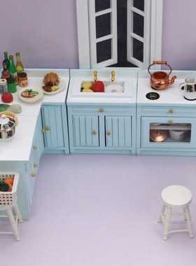 1：12娃娃屋厨房摆件模型DOLLHOUSE仿真转角橱柜蓝色灶台OB11可用