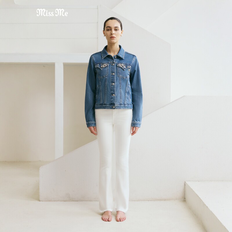 MISS ME女装 流沙蓝花朵刺绣棉质修身直筒高级感牛仔夹克外套