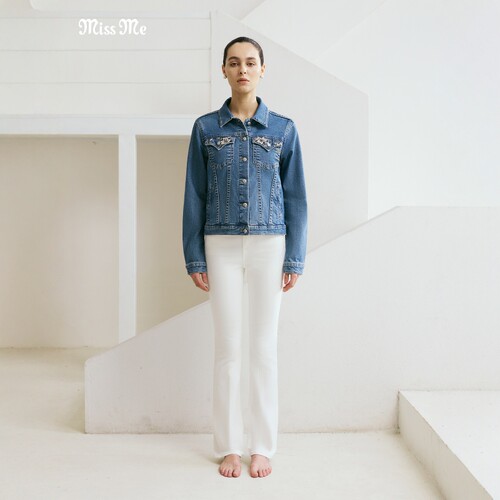 MISS ME女装 流沙蓝花朵刺绣棉质修身直筒高级感牛仔夹克外套