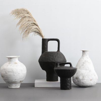 黑色日式侘寂风陶瓷花瓶摆件居家样板房间客厅博古架装饰品软装