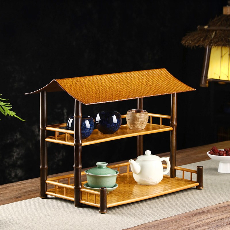 竹制席面c茶棚中式围炉煮茶禅意梅鹿竹屋檐摆件收纳架双层茶杯架