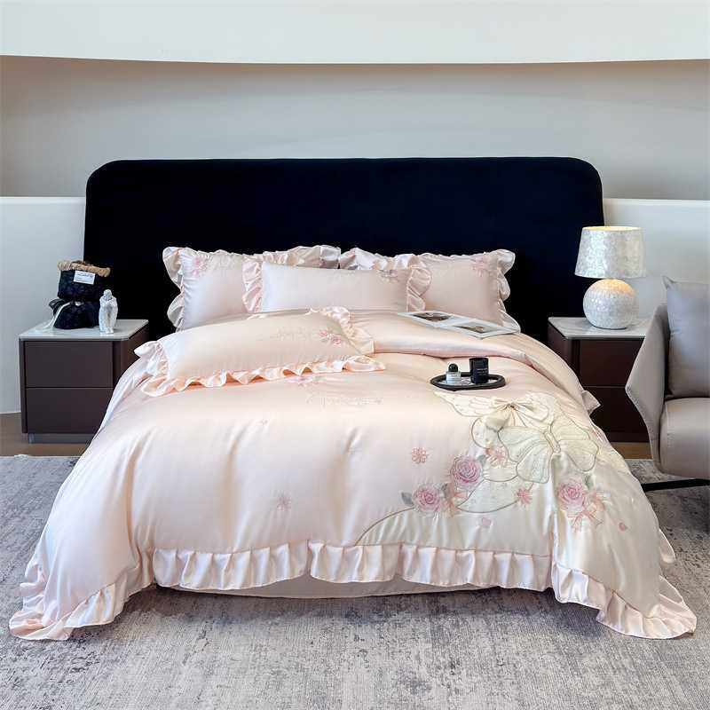 少女心凉感天丝四件套丝滑水洗真丝刺绣被套夏季公主风裸睡床品4