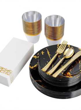 175件套白色大理石纹盘硬塑料PS一次性餐盘烫金黑色平盘刀叉勺