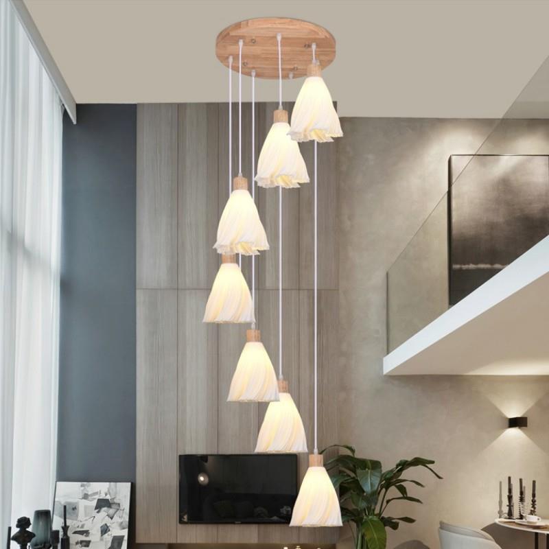 日式原木复式楼梯吊灯现代简约餐厅灯北欧别墅自建房旋转楼梯灯饰