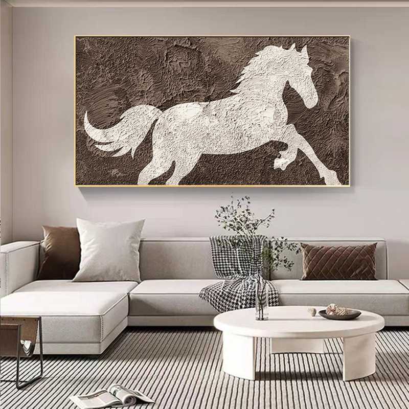现代简约沙发背景墙装饰画骏马客厅挂画大气横幅办公室肌理感壁画