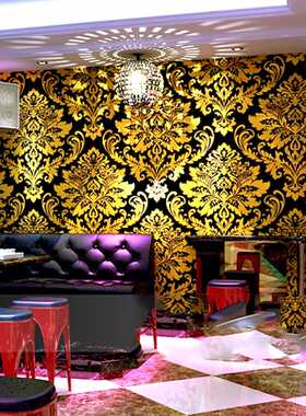 ktv壁纸3D立体欧式大马士革防水金黄色温馨卧室客厅电视背景墙纸