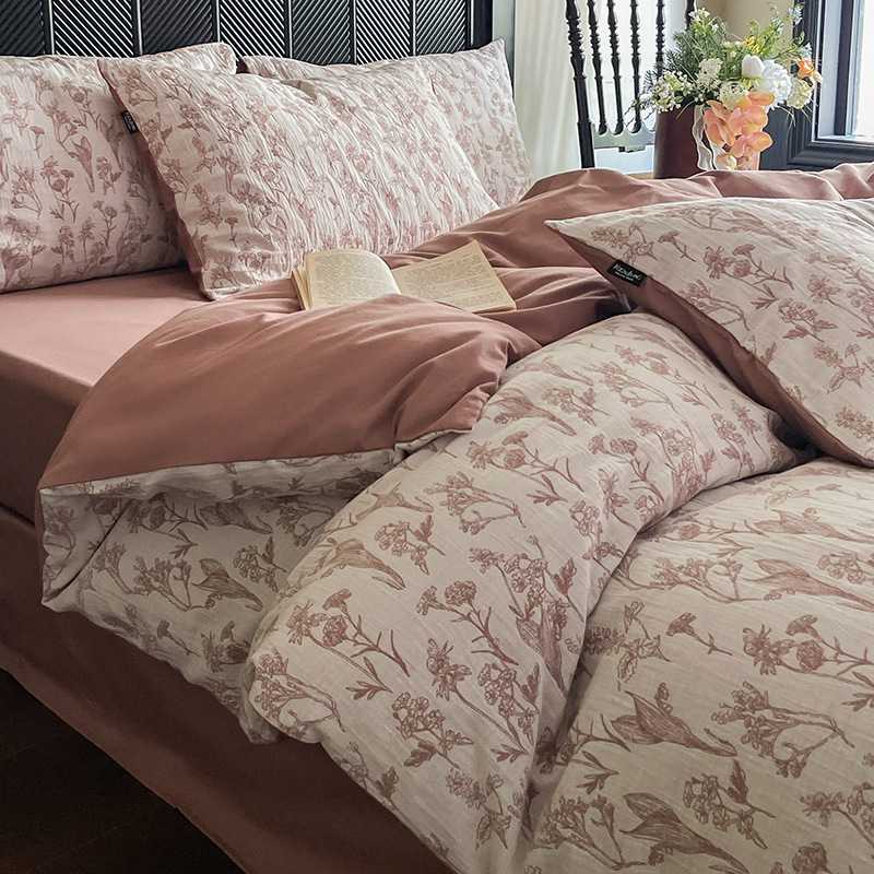 A类60s纯棉三层纱水洗色织提花磨毛四件套碎花全棉亲肤被套三件套