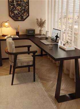 美式卧室书房转角书桌L型直角实木电脑桌办公家用靠墙长条黑色桌