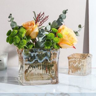 轻奢高级感玻璃矮脚花瓶宽口器皿高端奢华花盆客厅茶几插花摆件