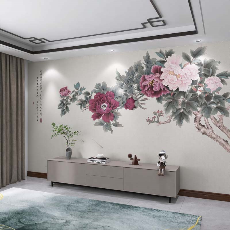 壁画3d立体牡丹花鸟p电视背景墙壁纸客厅墙纸卧室墙布影视墙8d壁