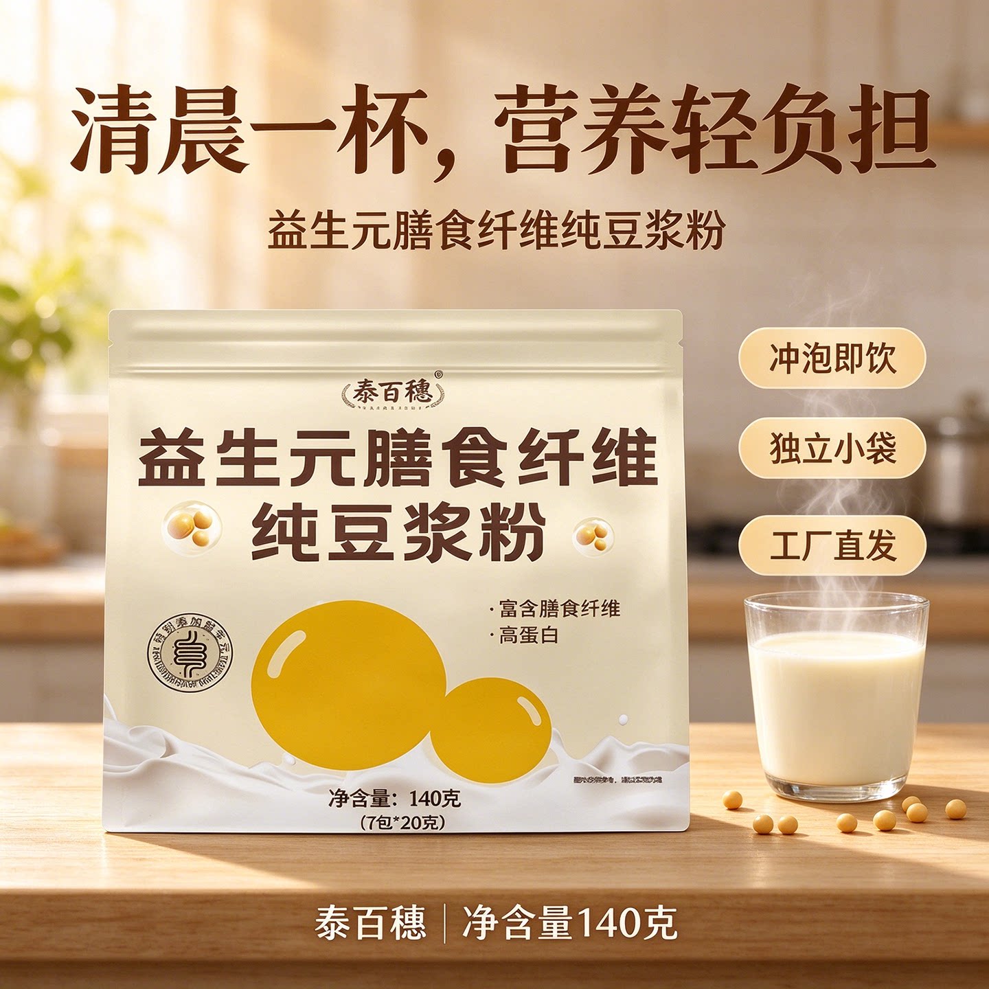 益生元膳食纤维纯豆浆粉非转基因速溶即饮无添加蔗糖黄豆浆代餐粉