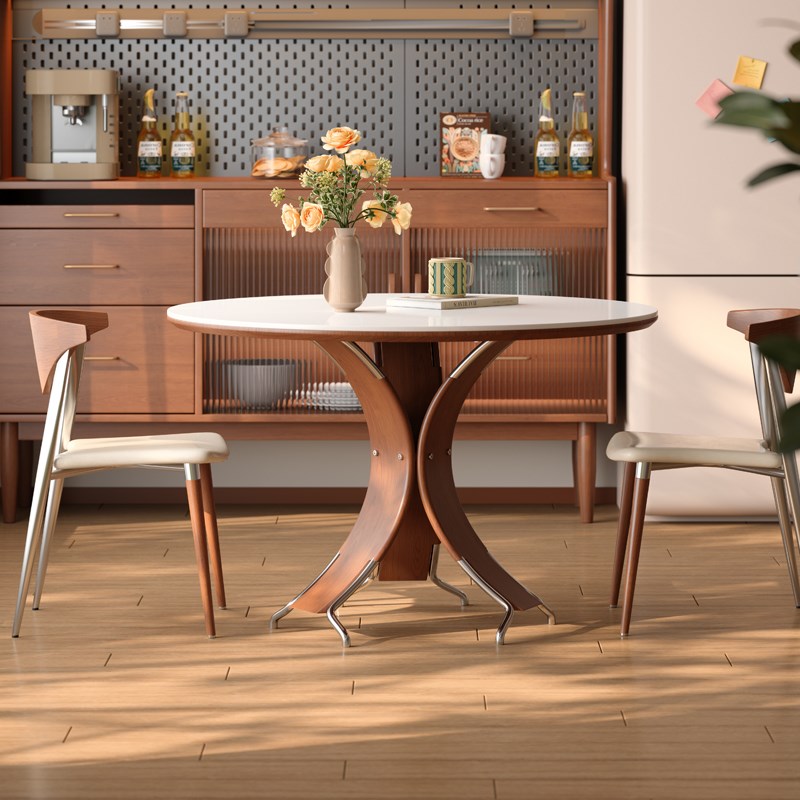 木小咖 北欧实木餐桌圆形6人家用现代简约意式高端亮光岩板圆餐桌