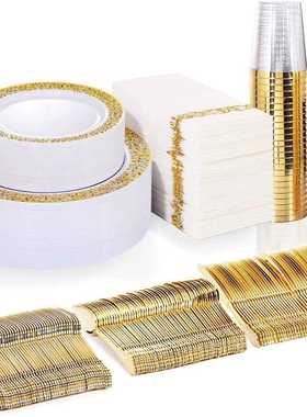 350个套装外贸餐具一次性金边盘子酒杯刀叉勺镂空盘PS硬塑料水果