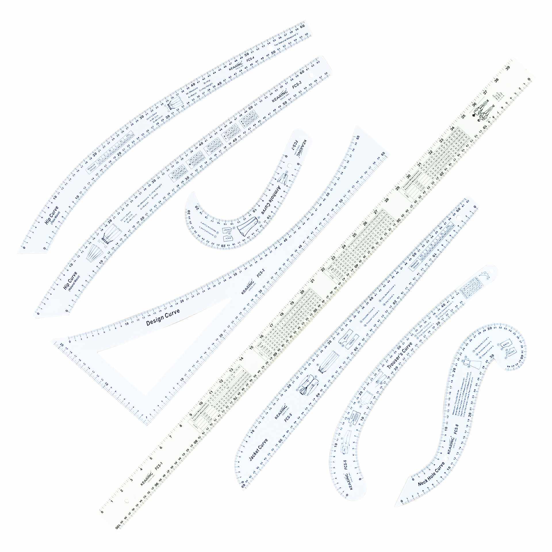 科灵FCS-KIT曲线尺打版尺制版尺服装设计尺8件套装绘图尺带刻度