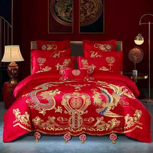 龙凤刺绣结婚床上用品四件套大红色全棉被套备婚六件套叠石桥家纺