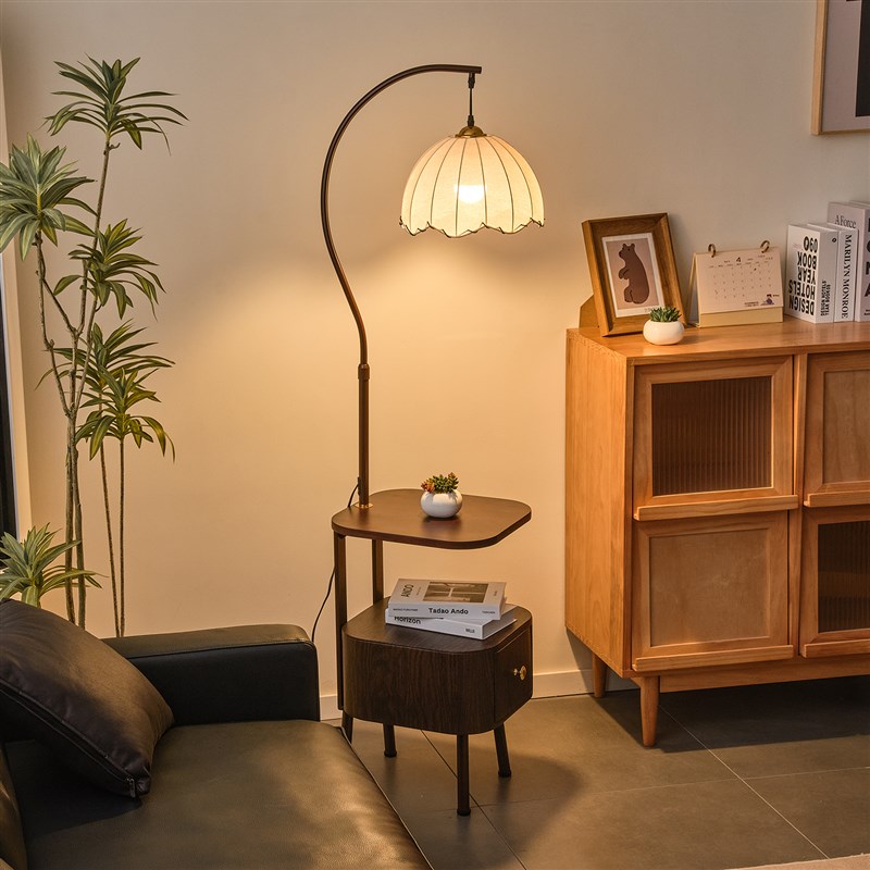 落地灯置物架客厅卧室沙发旁边几床头柜一体法式中古氛围艺术台灯