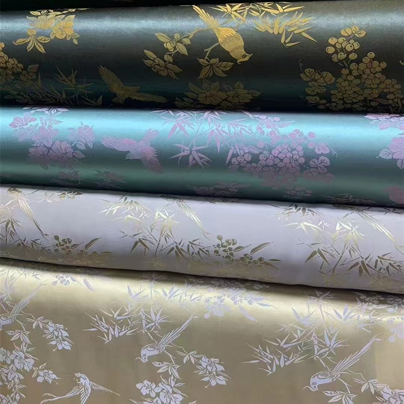 花鸟报春提花交织桑波缎真丝布料4门幅连衣裙旗袍桑蚕丝面料