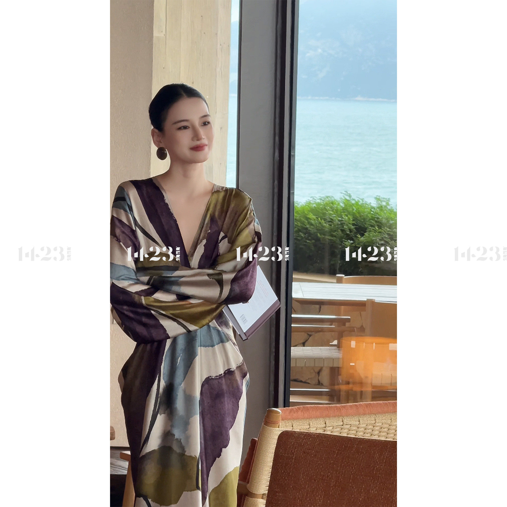 1423【烟凝暮紫】19姆米香云纱桑蚕丝珍珠缎V领长袖夏秋连衣裙