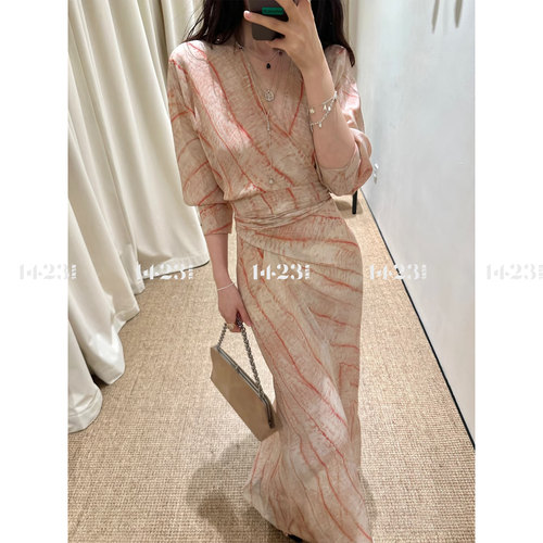 1423【春樱絮语】法式浪漫独特别致收腰扎染印花显瘦桑蚕丝连衣裙